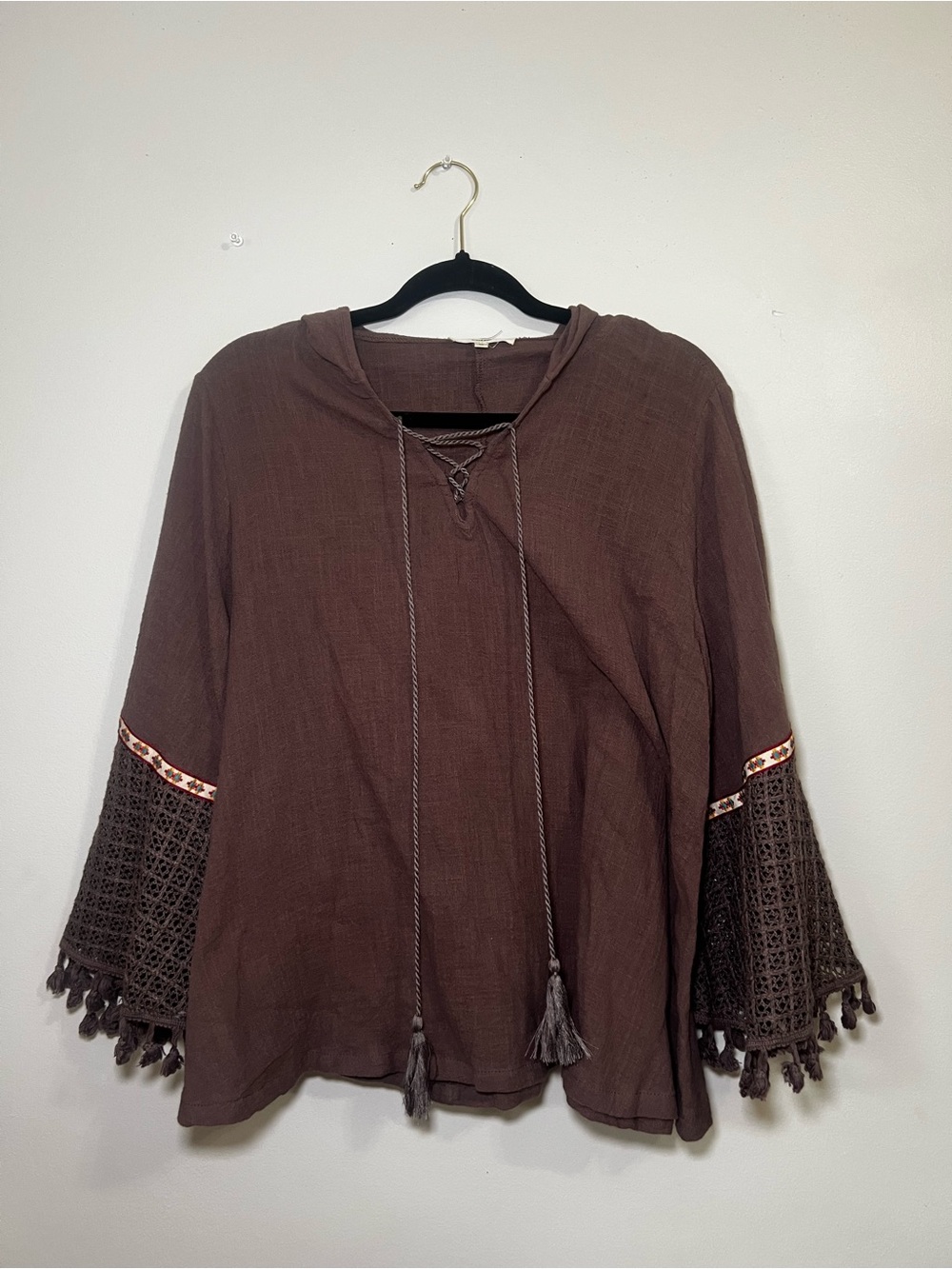 Entro Women's Brown Crochet Sleeve Hooded Top